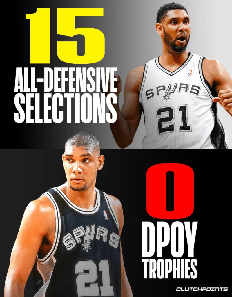 爱游戏官网-美媒晒图：邓肯15次入选最佳防守阵容，但从未获得DPOY