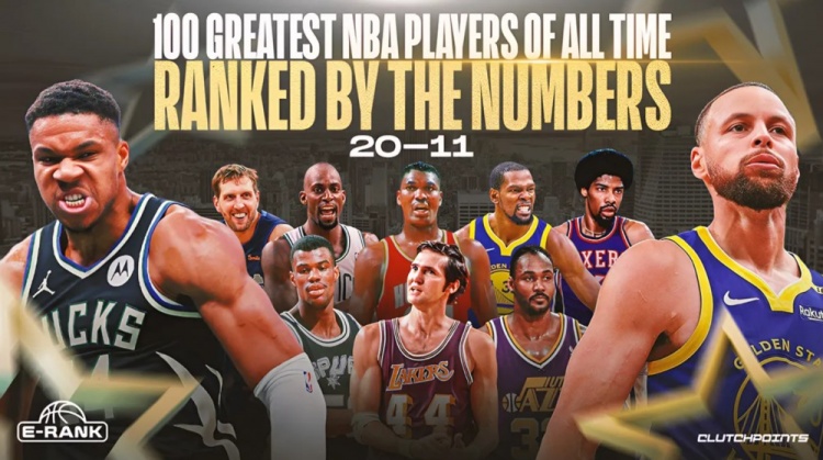 美媒历史球星排名第20至11位：韦斯特第20，字母哥第18，加内特第16，库里第13，杜兰特第12